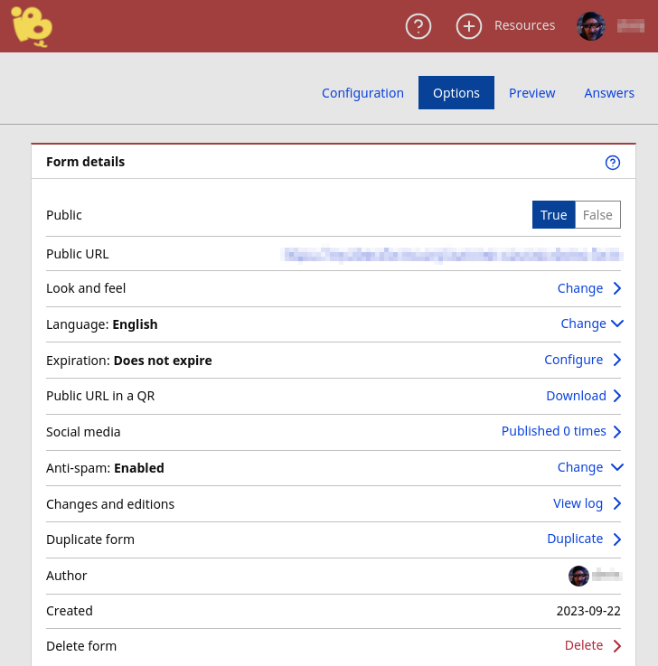 Configurar les opcions del formulari